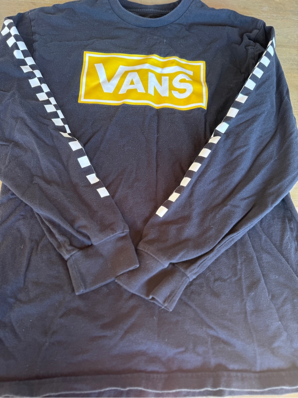 Vans Black Long Sleeve Tee with Yellow Logo and White Checker Sleeves Size M